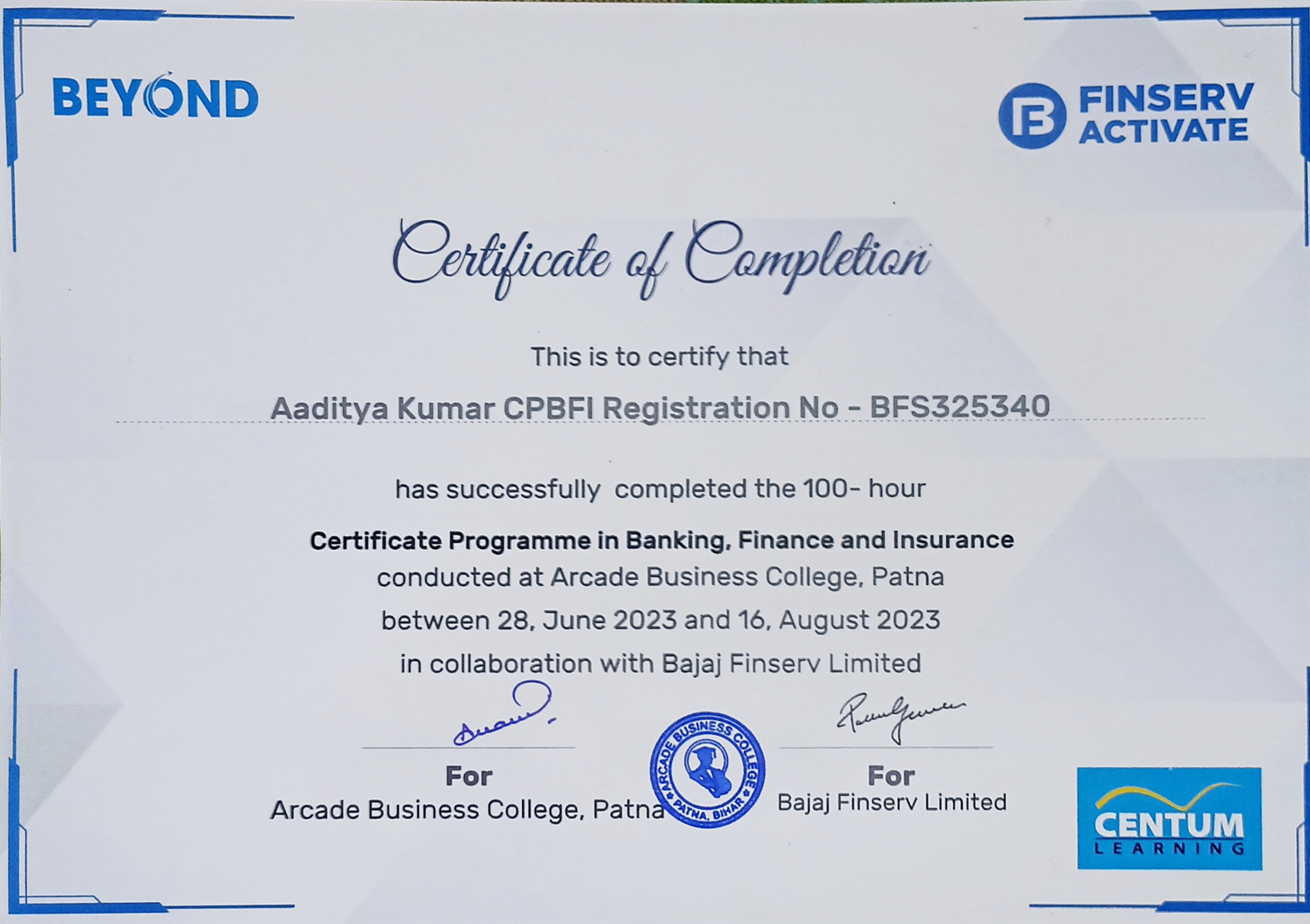 Certificate Program in Banking Finance and Insurance